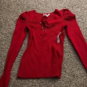 No Boundaries Red Fitted Tie Front Long Sleeve Blouse